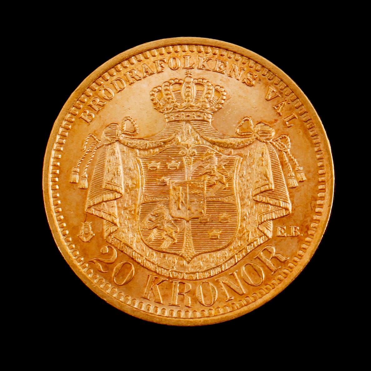 GULDMYNT, 20 kronor, Oscar II, 1902. Vikt ca 9 gram.