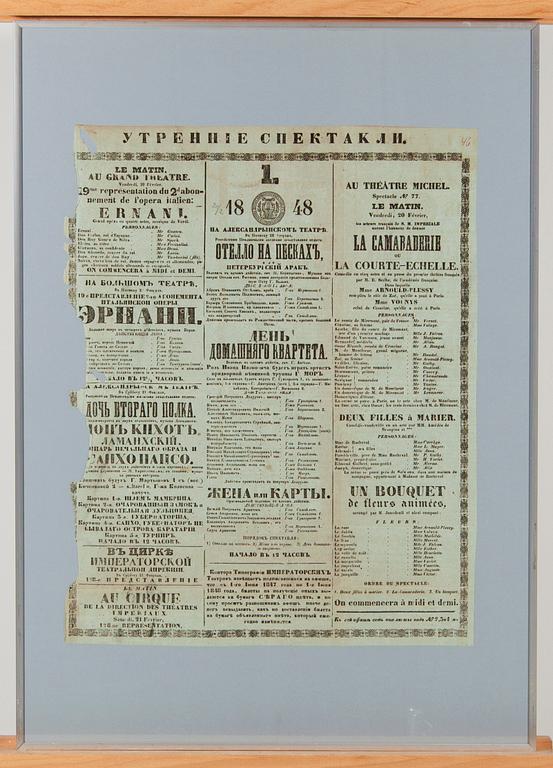 AFFISCH, morgonföreställningar, Kejserliga Teatern, S:t Petersburg 1848.