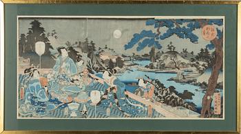Utagawa Kunisada och Utagawa Kuniyoshi, träsnitt (triptyk resp diptyk).