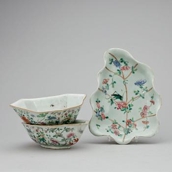 KABARÉDELAR, 2 st samt FAT, porslin, Kina, 1800-/1900-tal.
