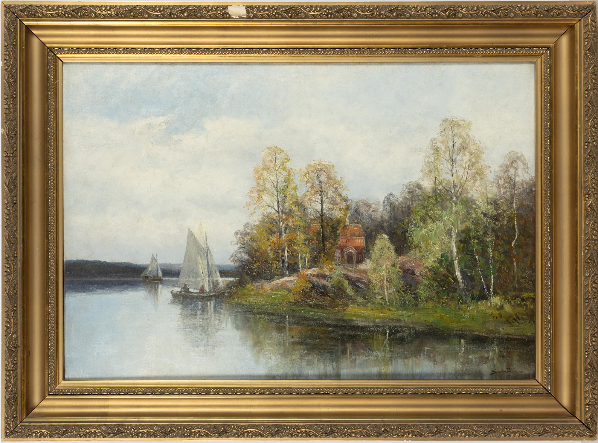 Severin Nilson, Insjölandskap med segelbåtar.