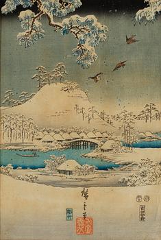 Utagawa Hirogshige I, i samarbete med Toyokuni III, efter. Färgträsnitt, triptyk, Japan, 1800-tal.