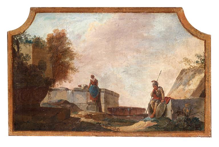 Johan Pasch Tillskrivna, Ruinlandskap med soldat och tvättande kvinna samt soldat och kvinnor vid brunn (2).