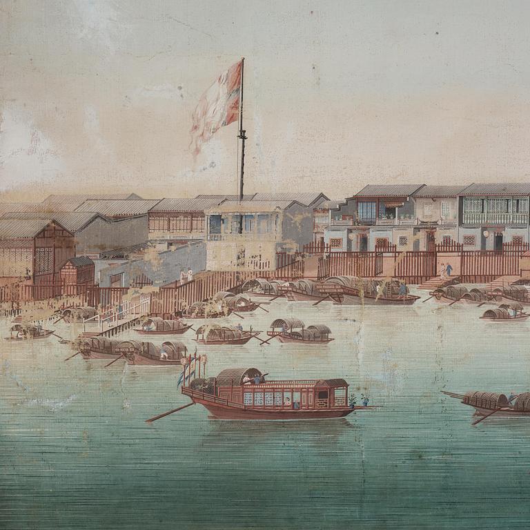 A pair och Chinese Export paintings depicting the Hongs of Canton and buildings along the river, late 18th century.