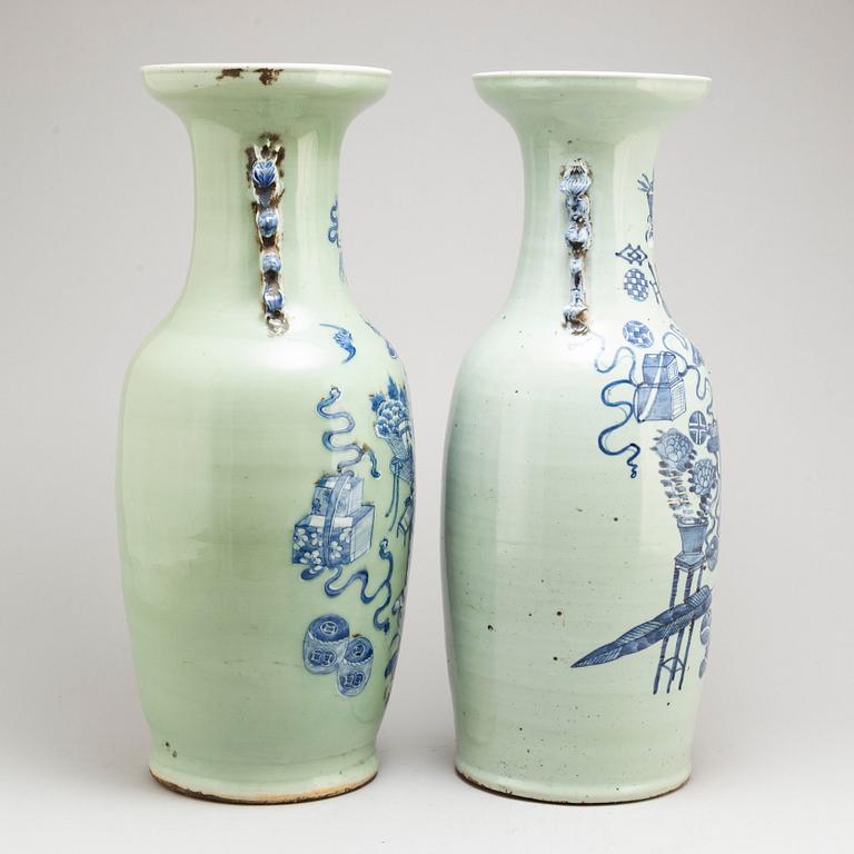 Two large blue and white celadon glazed vases, Qing dynasty, early 20th century.