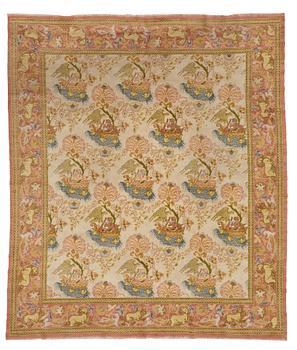 A carpet, a semi-antique Spanish, probably Madrid, ca 289,5-293 x 251-254 cm (as well as ca 1-2 cm flat weave at the.