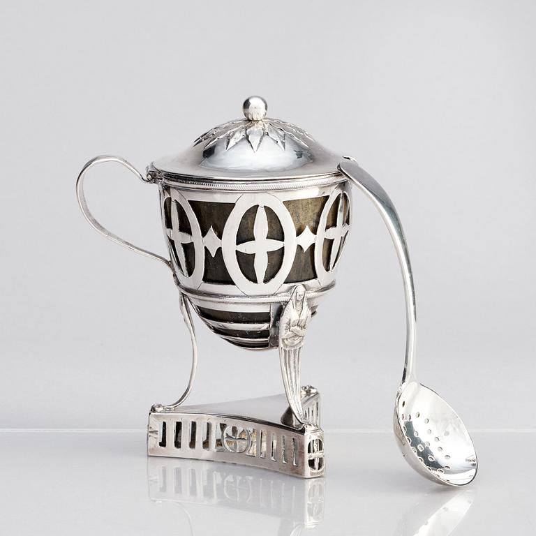 Johan Abraham Hallard, senapskanna med lock, silver, Stockholm 1794.