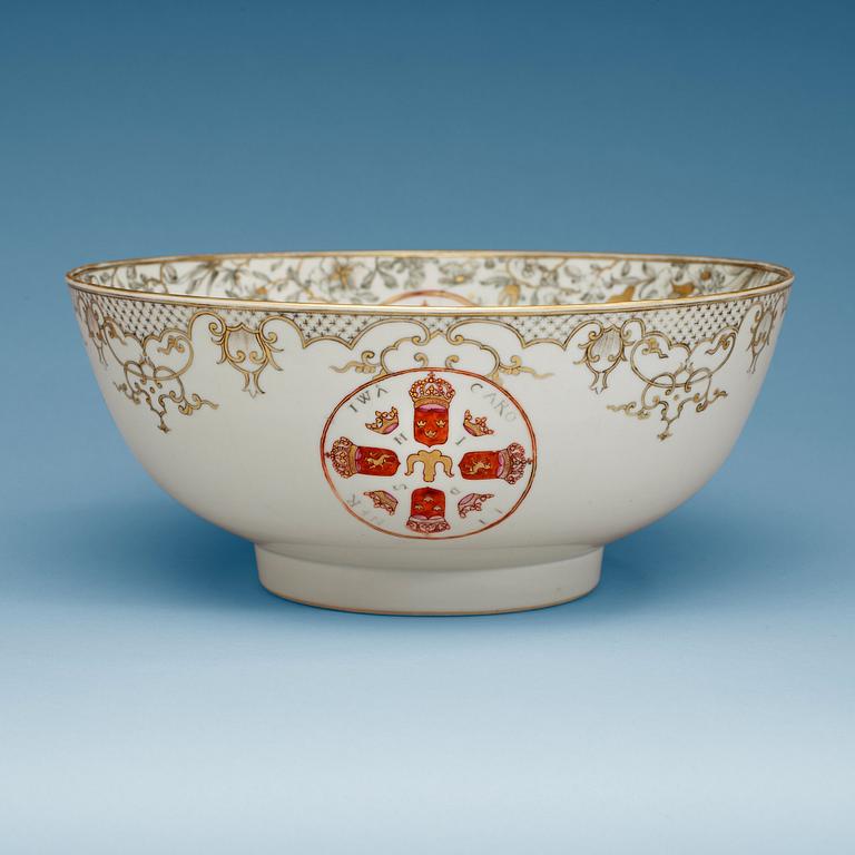 A rare grisaille armorial punch bowl, Qing dynasty, Yongzheng, 1730's.