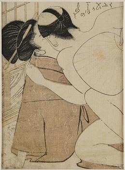 Oidentifierade konstnärer, färgträsnitt, shunga, albumblad, tre diptyker, Japan, 1800-tal.