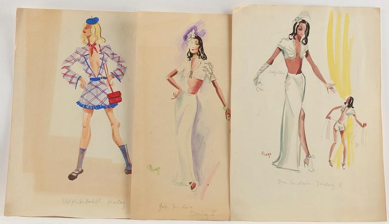 MAX GOLDSTEIN (MAGO) dräktskisser, kostymteckningar, blyertsskisser, fotografier, ca 40 st, vissa daterade o signerade.