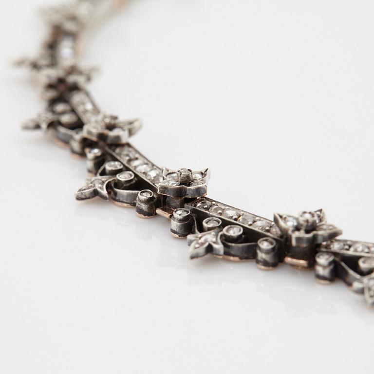 Collier 14K guld och silver med rosenslipade diamanter, 1800-tal.