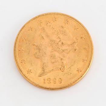 GULDMYNT, fine gold, 20 dollars, Liberty, USA. 1899.