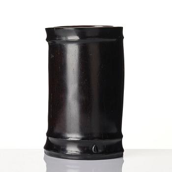 A hardwood bamboo shaped brushpot with a sceptre, China, 20th century.