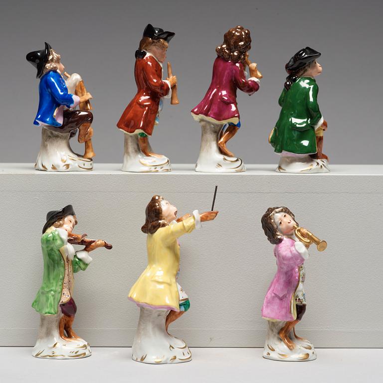 A group of seven 'Affenkapelle' porcelain figurines, Germany, Sitzendorf,  20th Century.