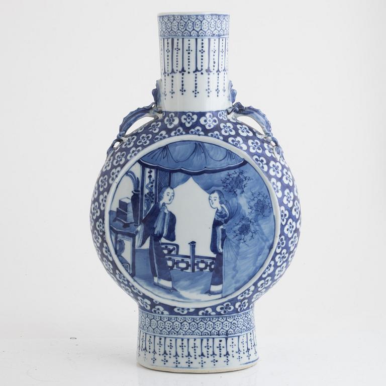 A blue and white moon flask and table lamp/vase, China, 19th/20th century.