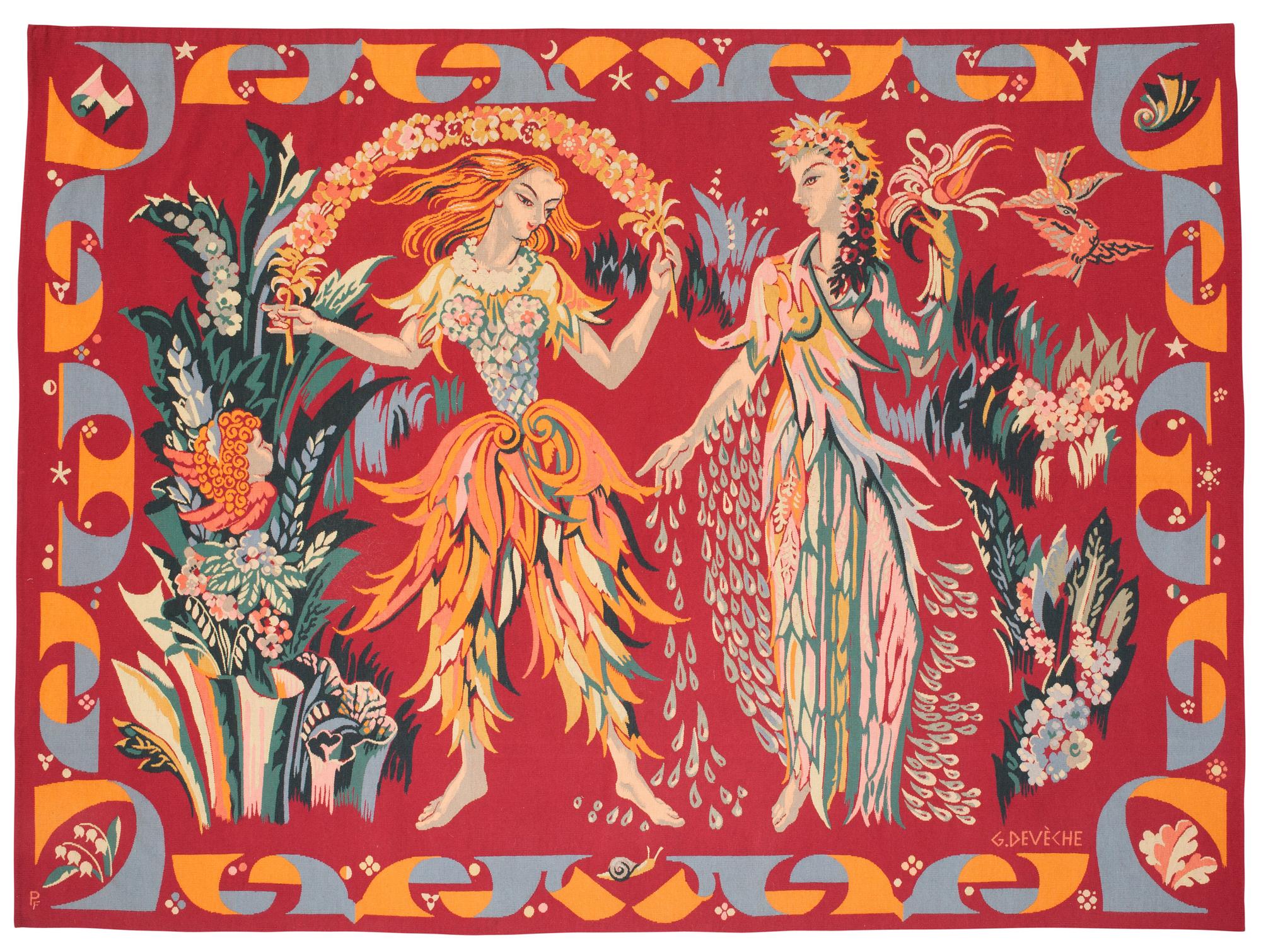 TAPESTRY. "Vår-Sommar". Tapestry weave (gobelängteknik). 162 x 220 cm. Signed PF G. DEVÈCHE.