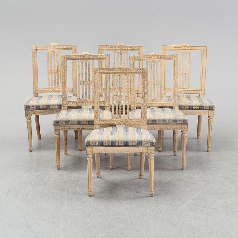 A set of six gustavian chairs made in Lindome by Johannes Andersson (1763-1840), signed IAS+, around the year 1800.