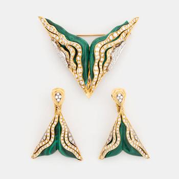 An 18K gold and malachite brooch and pair of earrings set with round brilliant-cut diamonds.