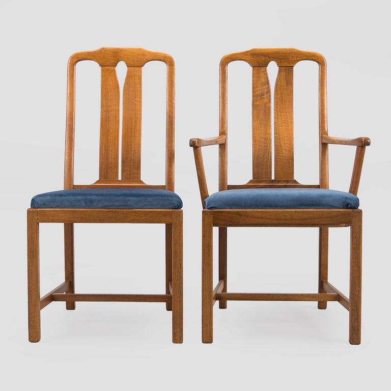 Carl Malmsten, 2 karmituolia sekä 6 tuolia, "Amabssadör", Åfors Möbelfabrik, 1900-luvun loppu.