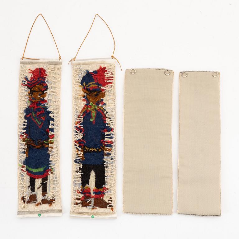 Two pair of weavings, one pair mounted with engraved reindeer horn.