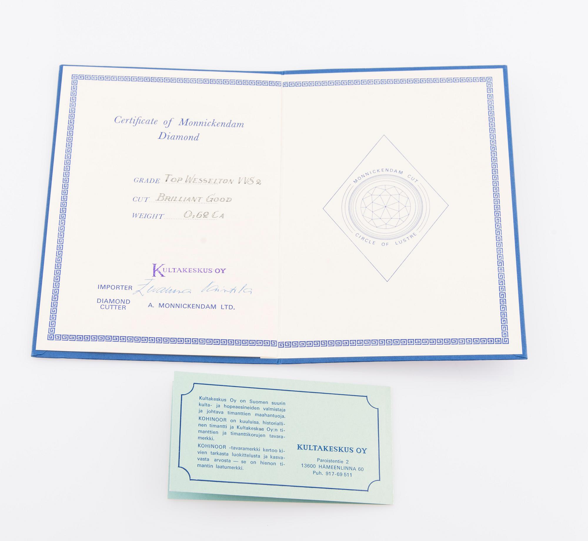 DIAMANT, briljantslipad 0,62 ct F-G (Top Wesselton) / VVS2.