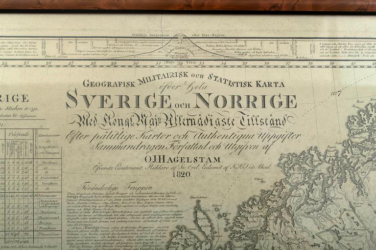 GEOGRAFISK MILITAIRISK OCH STATISTISK KARTA öfver Sverige och Norrige, O.J. Hagelstam 1820.