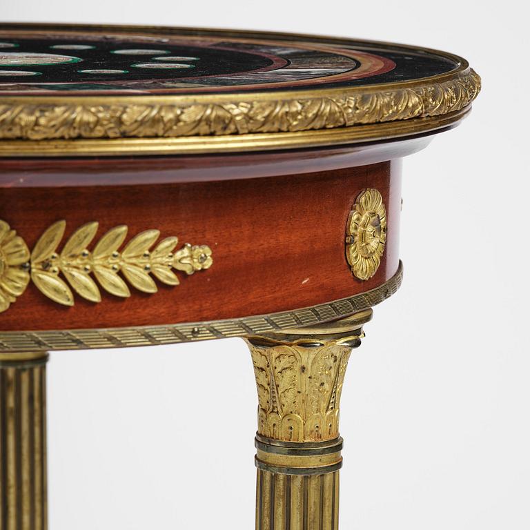 An Empire-style mahogany table with a pietre dure, micromosaic and specimen marble top, mid 19th century.