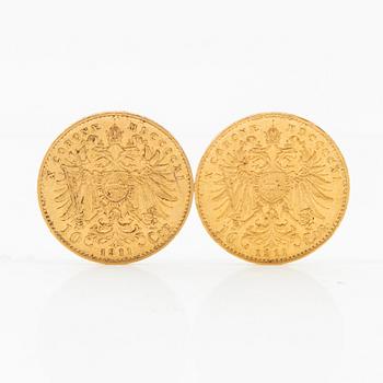 Gold coins, 2 pcs, 10 francs, 1911, Austria, Emperor Franz Joseph I.