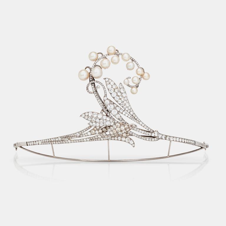 A tiara/brooch set with old cut diamonds and possibly cultured pearls, with noble provenance.