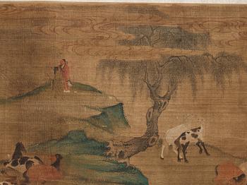 A long scroll painting after Zhao Yong (Zhao Zhongmu 1289-1369), ink and colour on paper and on silk, Qing dynasty.
