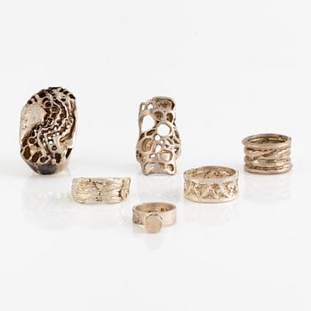 Lars Arby, six rings, silver, Gothenburg approx. 1966 and 1976.