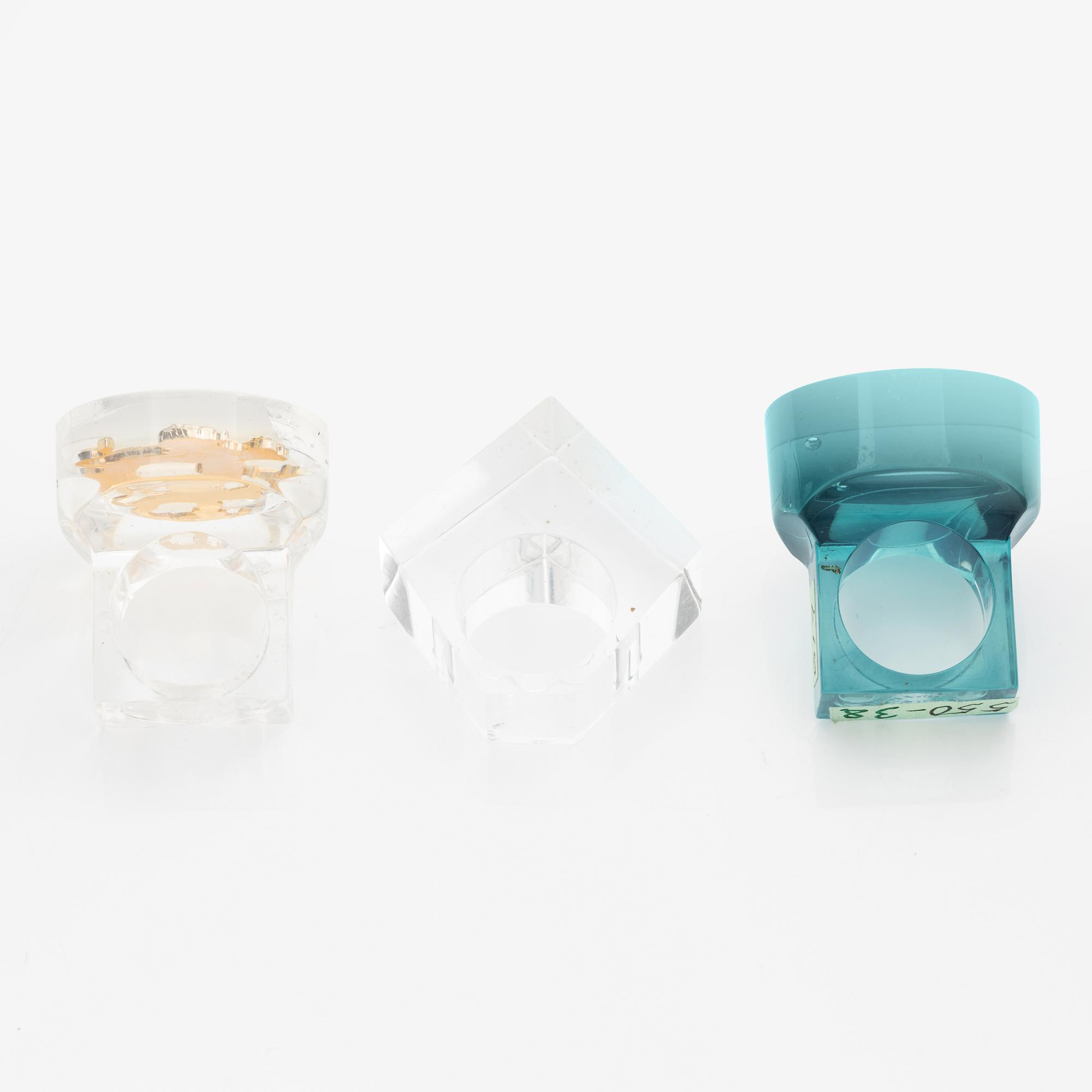 Siv Lagerström, tre ringar, akrylplast, 1970-tal.