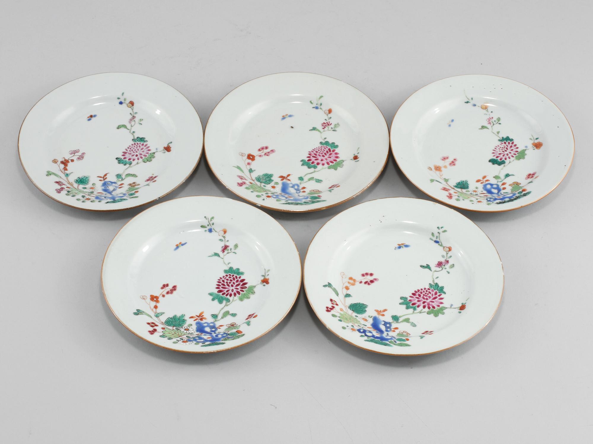 ASSIETTER,  5 st, porslin, Kina, 1700-tal.