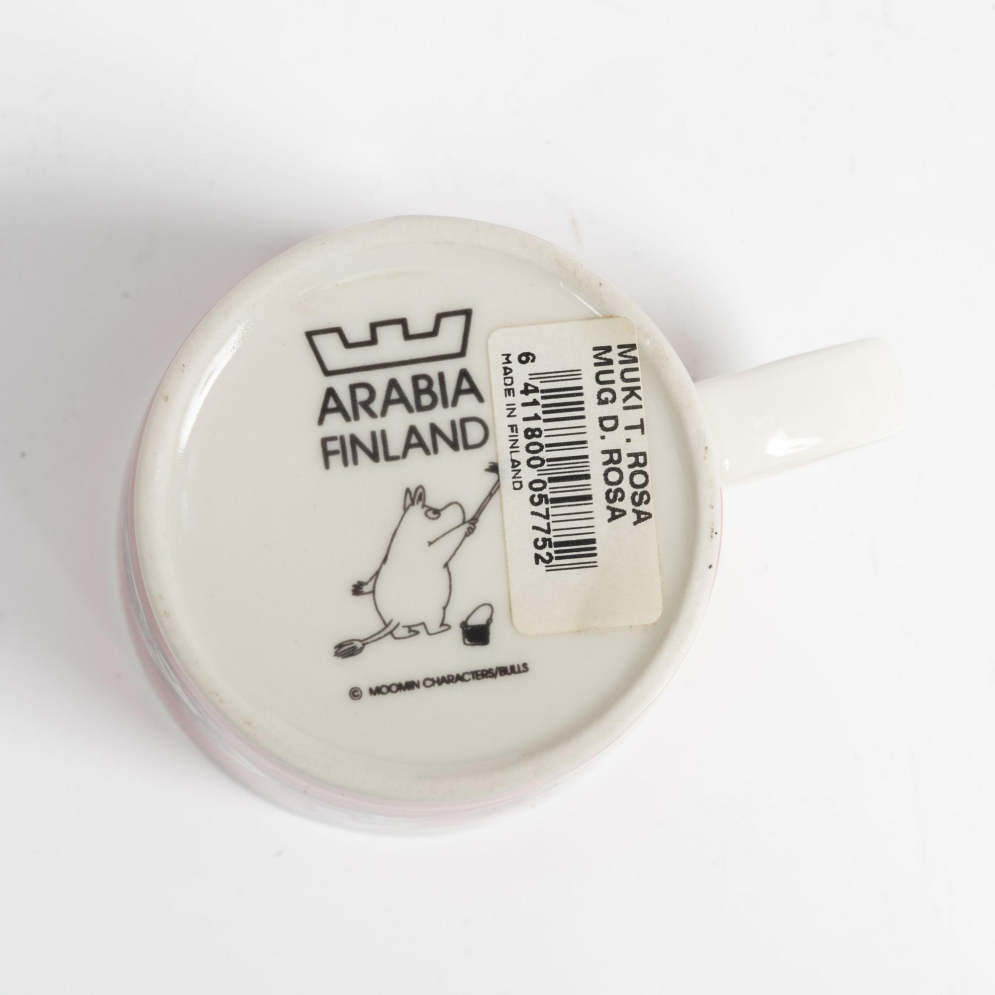 A Moomin mug, 'Dark rosa' with sticker, Arabia, Finland, 1991-99.