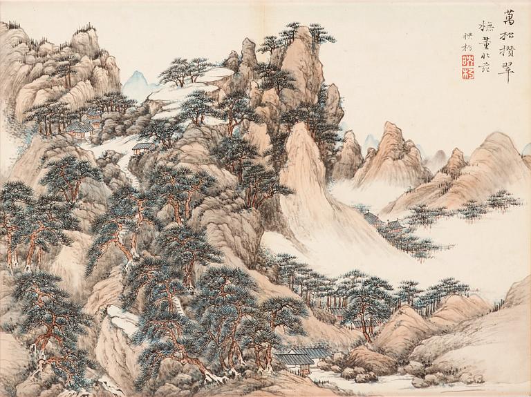 ALBUMBLAD, landskapsmålningar, två stycken. Oidentifierad konstnär, Kina, troligen tidigt 1900-tal.