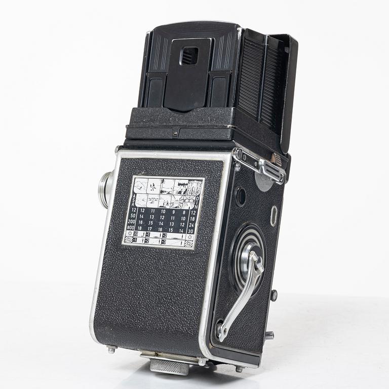 Mellanformatskamera, Rolleiflex, med väska och tillbehör, Franke & Heidecke, 1900-talets mitt, Tyskland.