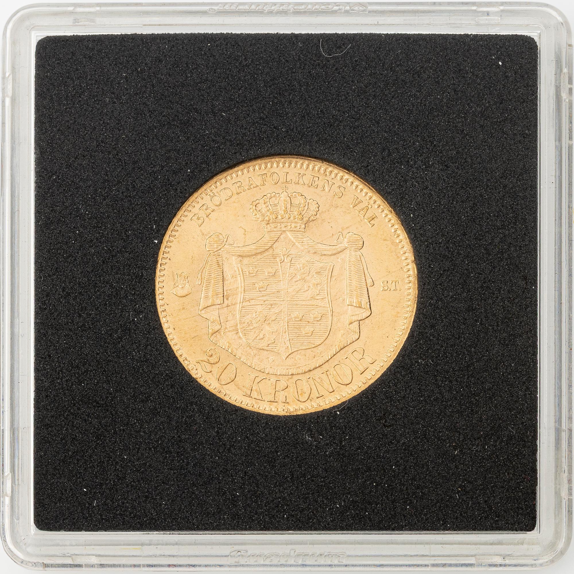 Gold coin, Oscar II, 20 kronor, type I, Sweden 1875.