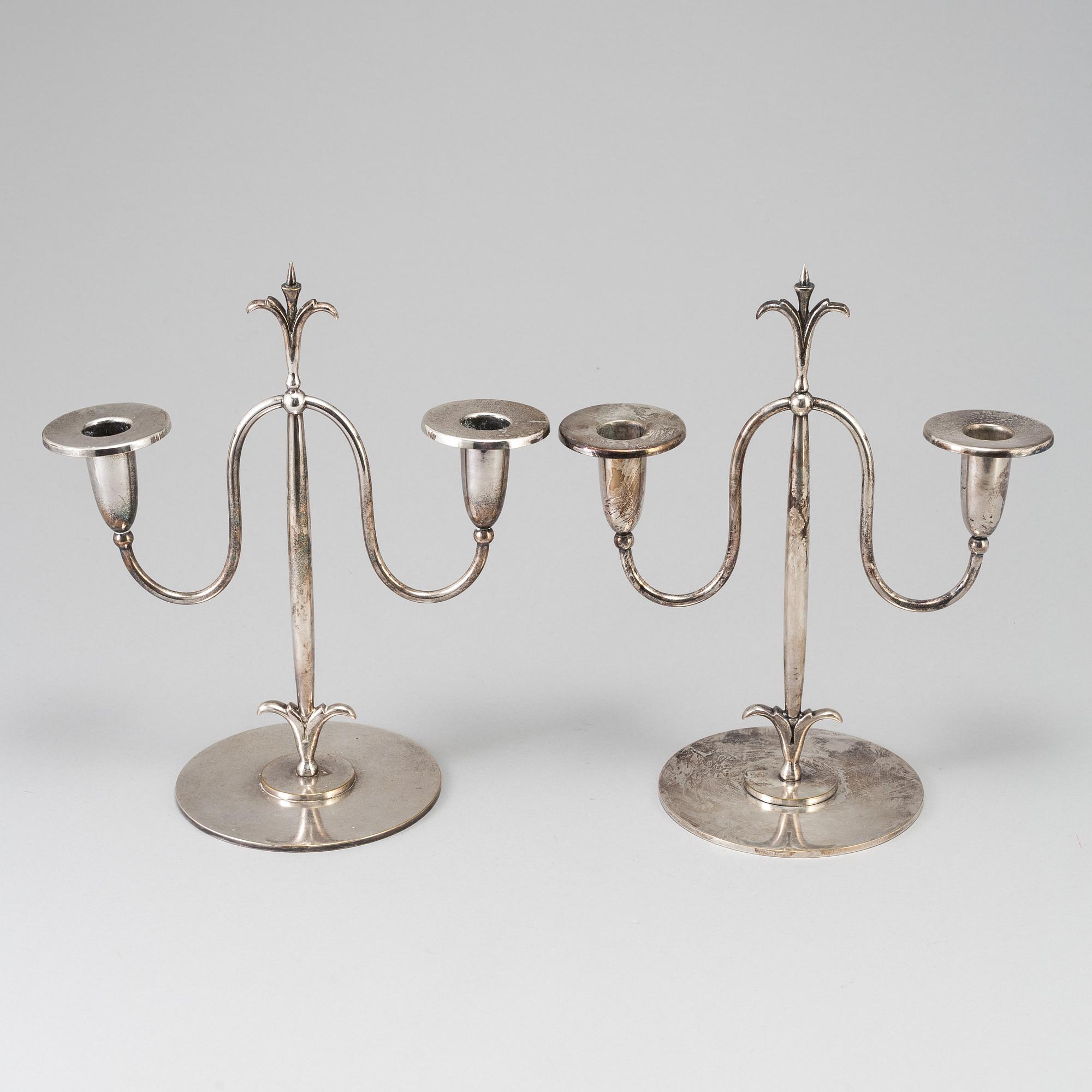A pair of silver plate Swedish Grace candelabra design ELIS BERGH for CG Hallberg, Stockholm, 1920s.