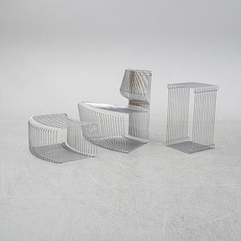 A 'Pantanova convex' chair with foot stool and a 'Wire Extendted' shelf, Verner Panton, Montana, Denmark.