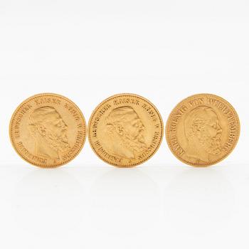 Gold coins, 3 pcs, 10 marks, 1888, German Empire (Prussia), Friedrich III.