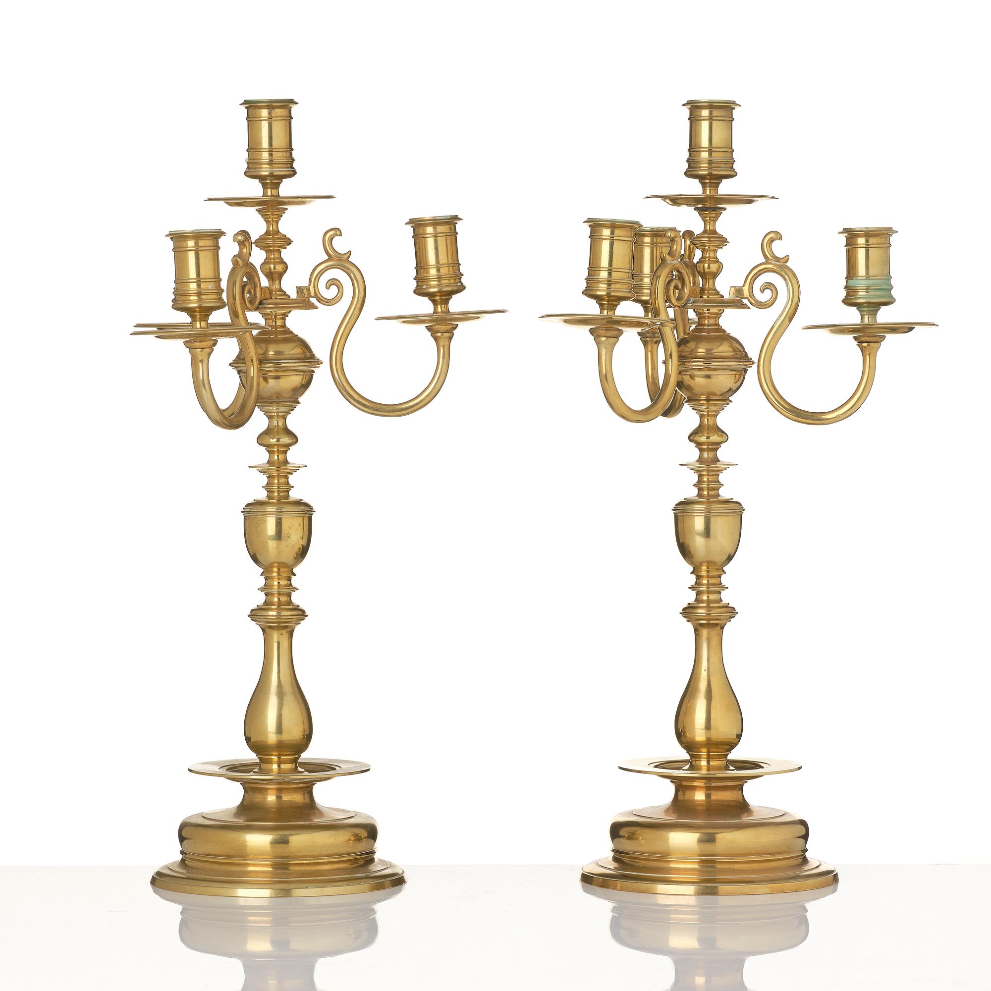 Candelabra, a pair of brass, Baroque style Gusums Bruk No 3, 20th century.
