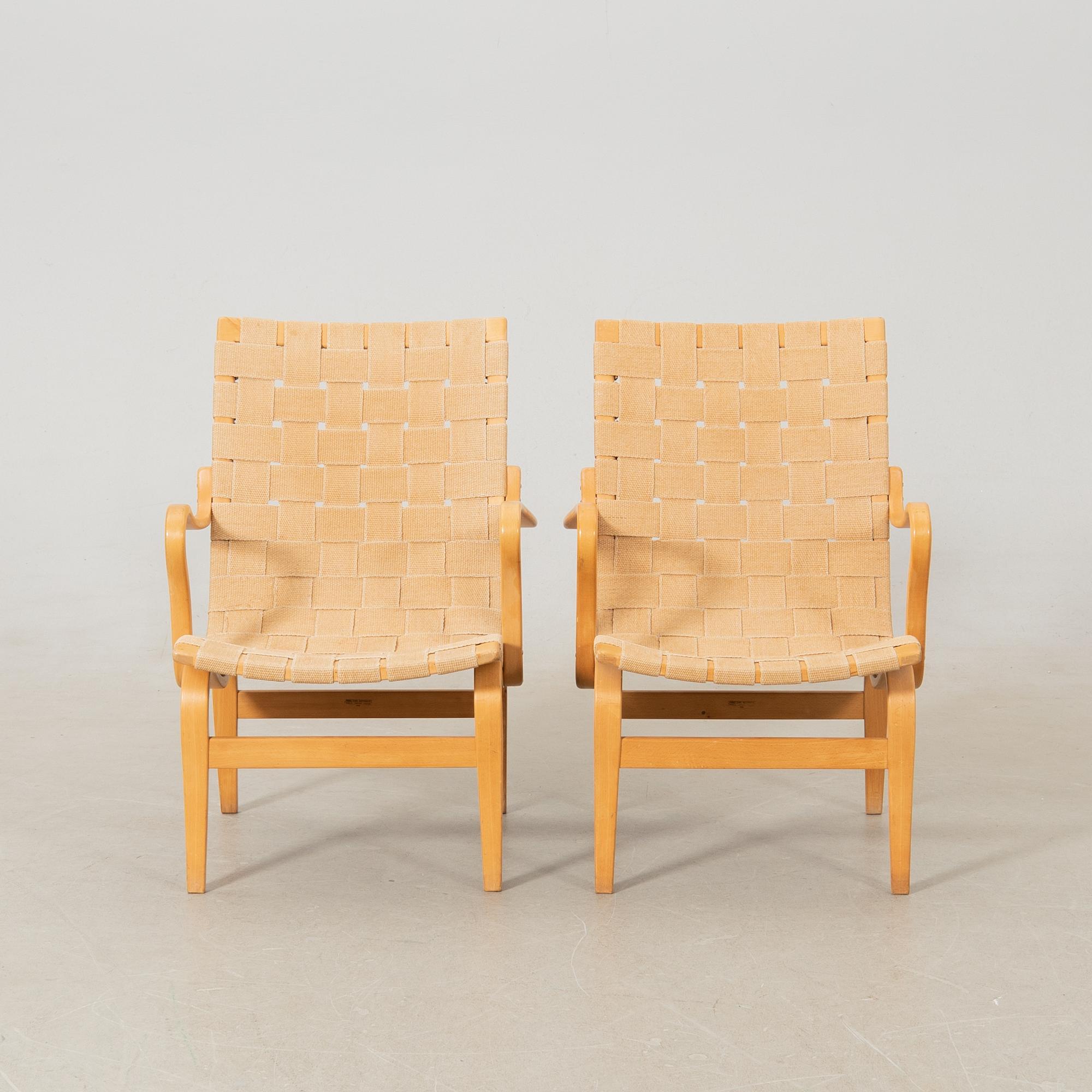 Bruno Mathsson, a pair of "Eva" armchairs, Karl Mathsson Värnamo 1969.