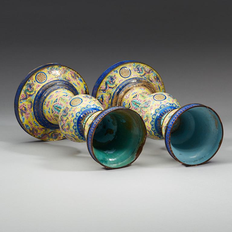 A pair of enamel on copper vases, Qing dynasty, 19th Century.