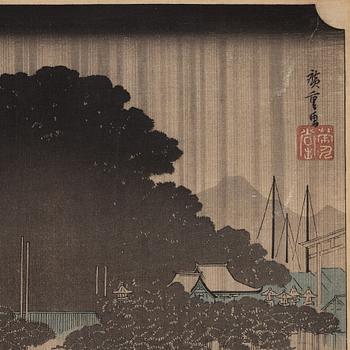 UTAGAWA HIROSHIGE (1797-1858), efter, färgträsnitt. Japan, "Night Rain at Karasaki", sent 1800-tal/tidigt 1900-tal.