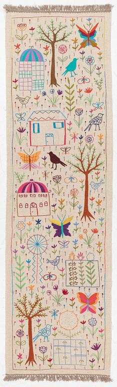A hand-embroidered Kelim runner, c. 292 x 85 cm.