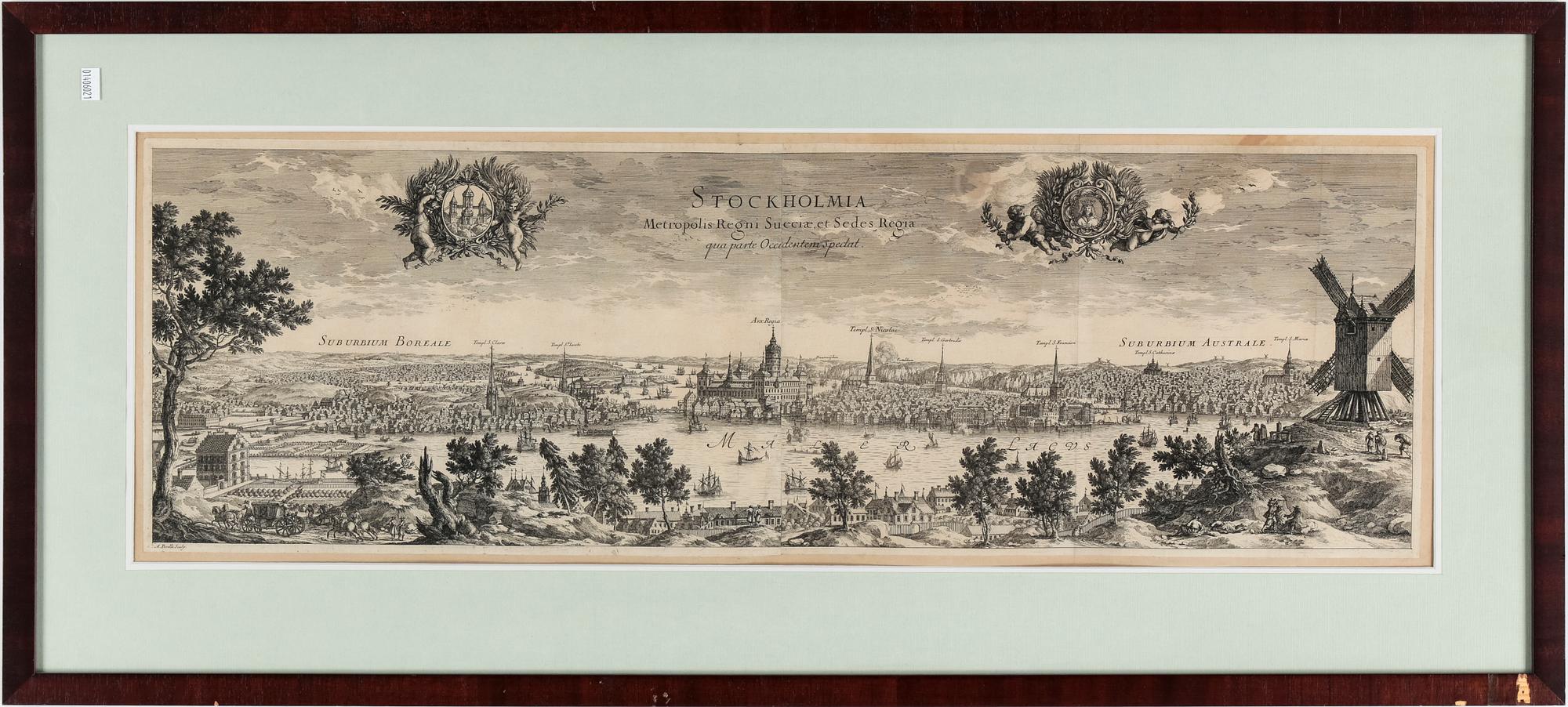 KARTA, kopparstick, Stockholmia Metropolis Regni Sueciae, et Sedes Regia", Erik Dahlberg, 1600-tal.