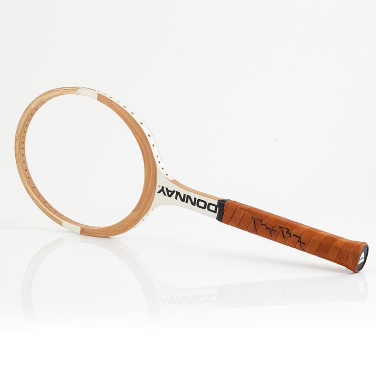 Tennis racket, Signed by Björn Borg. Donnay, specially customized white-painted wooden racket.