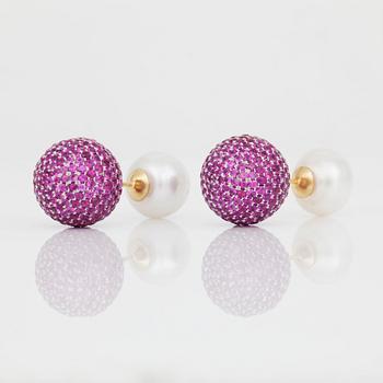 A pair of pink sapphire, diamond and cultured pearl earrings that can be worn in two different ways.