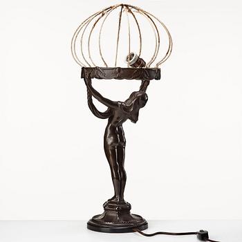 Alfred Ohlson, an Art Nouveau patinated bronze table lamp, Herman Bergman, Stockholm, 1910-20's.