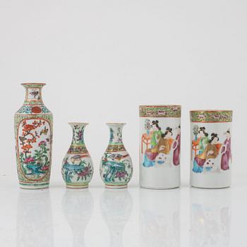 Five porcelain vases, Kanton, China, 19th century.